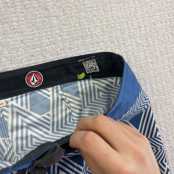 Y2K Volcom Board Shorts Men Psychedelic Blue Stripe Cinch Fly Pure Function *34* - Picture 9 of 16